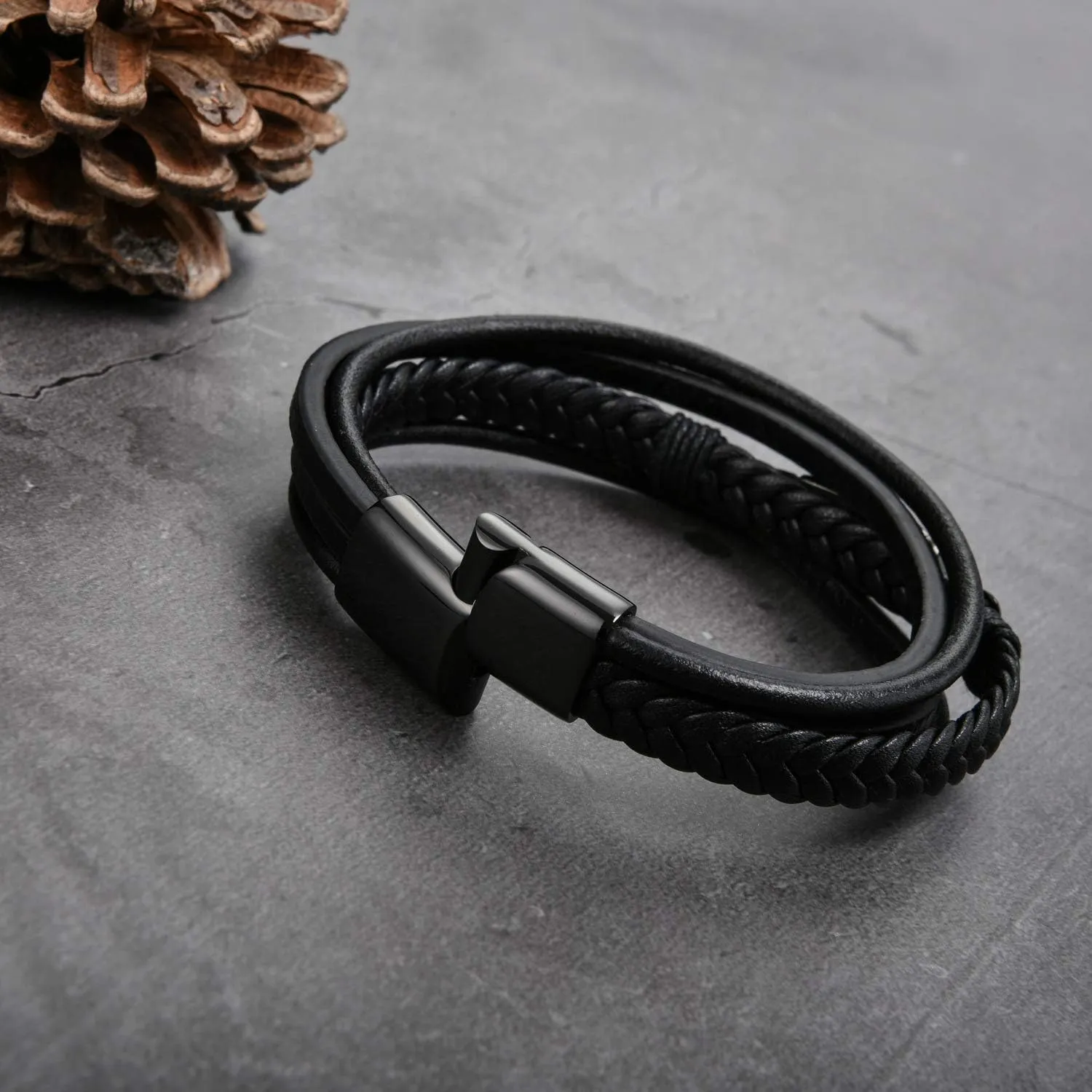 Mens Multilayer Braided Leather Bracelet Stainless Steel Angel Wing Feather Bracelet for Men