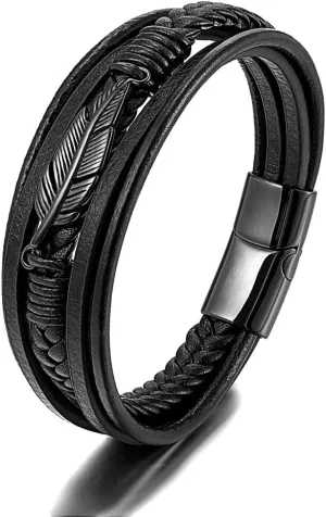 Mens Multilayer Braided Leather Bracelet Stainless Steel Angel Wing Feather Bracelet for Men