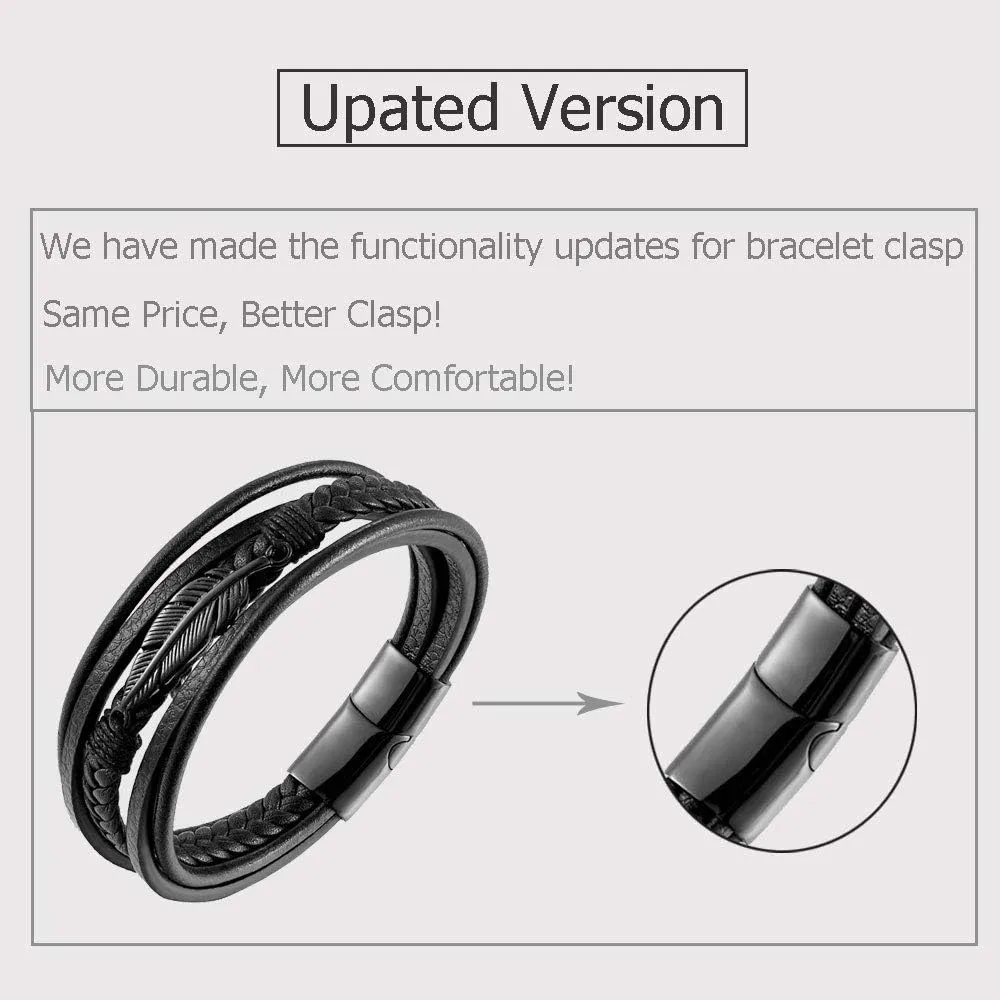 Mens Multilayer Braided Leather Bracelet Stainless Steel Angel Wing Feather Bracelet for Men