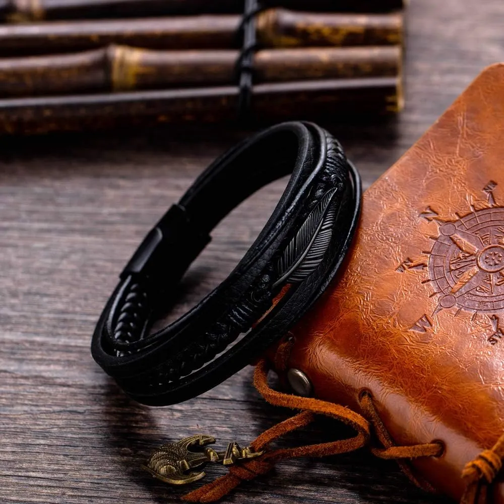 Mens Multilayer Braided Leather Bracelet Stainless Steel Angel Wing Feather Bracelet for Men