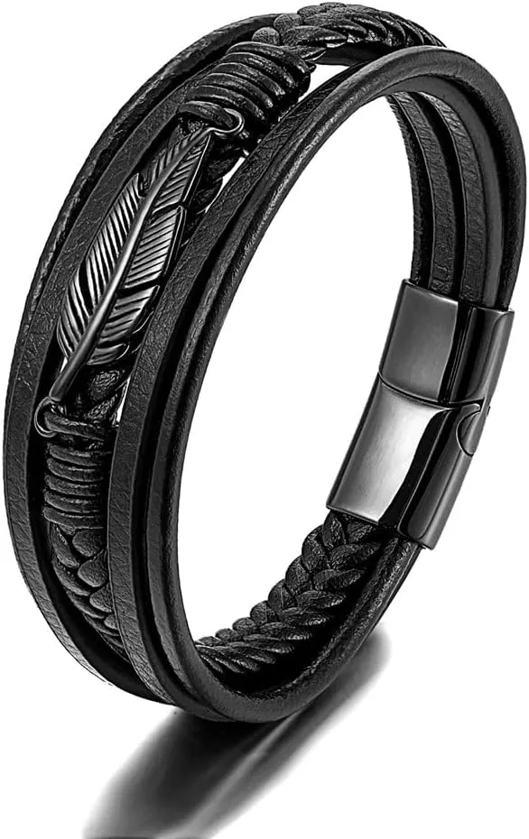 Mens Multilayer Braided Leather Bracelet Stainless Steel Angel Wing Feather Bracelet for Men