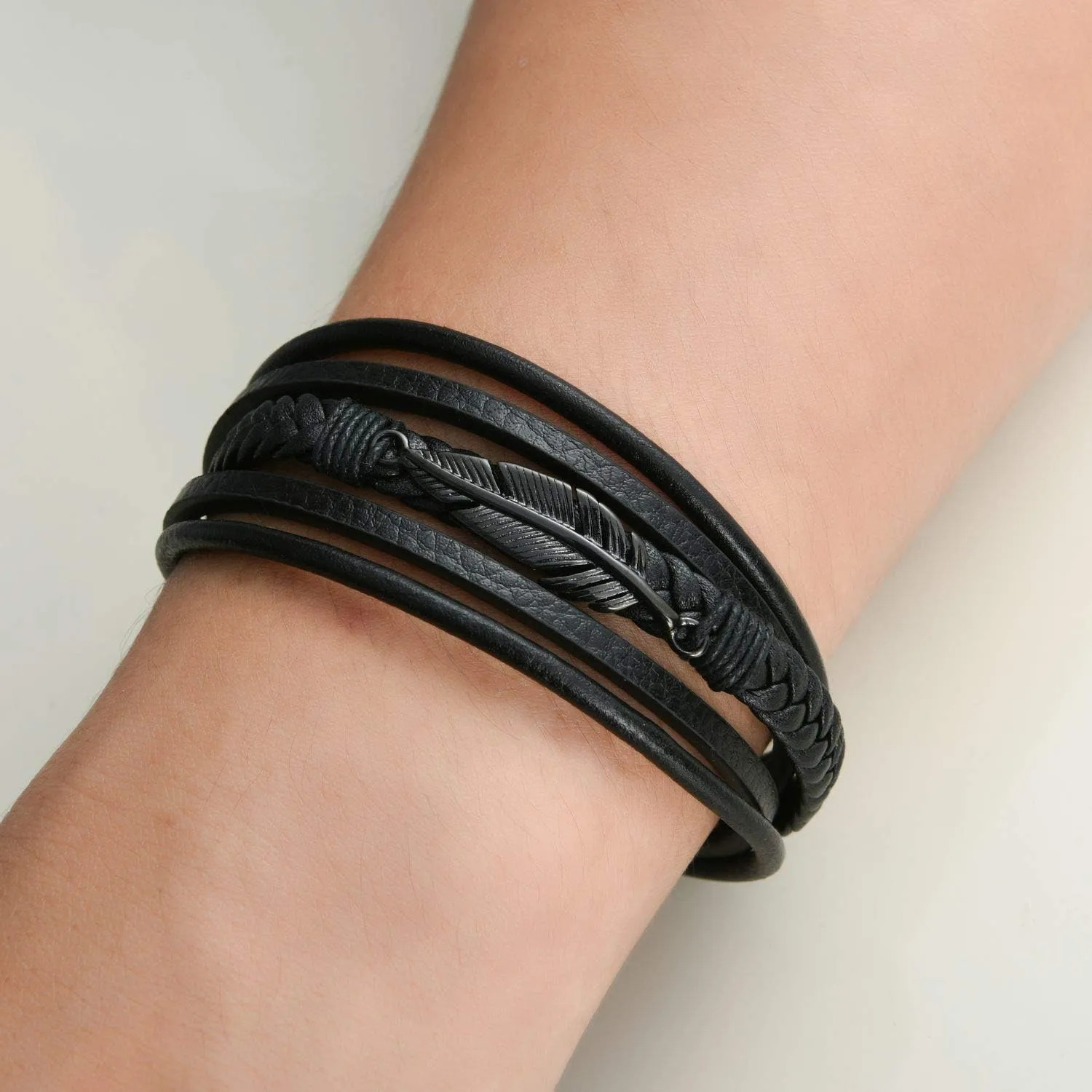 Mens Multilayer Braided Leather Bracelet Stainless Steel Angel Wing Feather Bracelet for Men