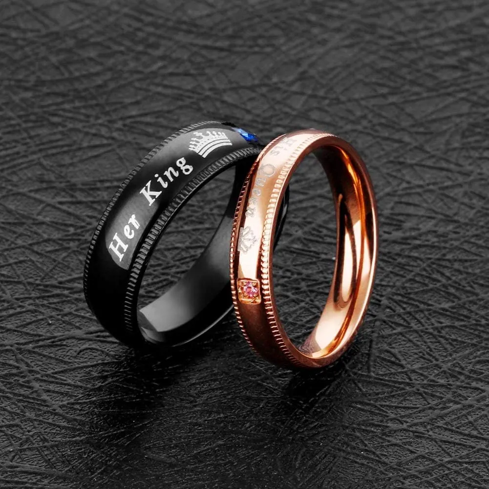 Men's Women's 2PCS Matching Set Couple Rings His Queen & Her King Crown Ring Stainless Steel Wedding Engagement Promise Band Rings Valentine's Day Love Gifts