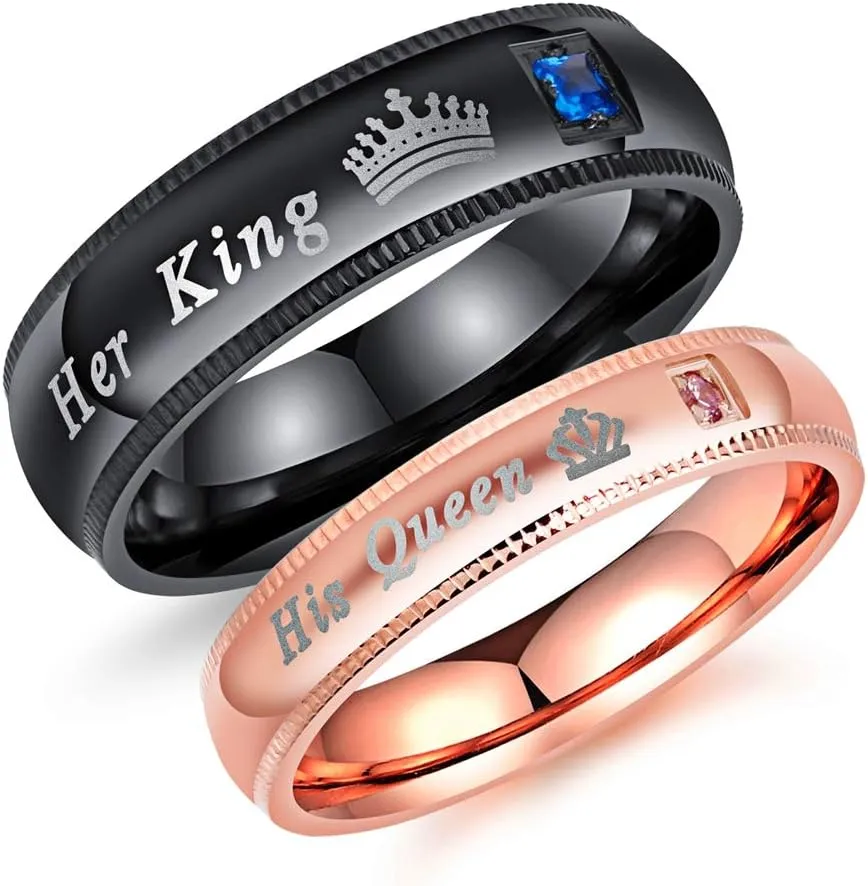 Men's Women's 2PCS Matching Set Couple Rings His Queen & Her King Crown Ring Stainless Steel Wedding Engagement Promise Band Rings Valentine's Day Love Gifts