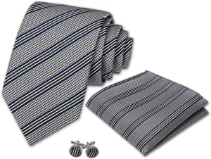 Microfiber Grey Blue Striped Men's Tie Set in Gift Box with 3.15'' (8cm) Tie, Pocket Square, and Cufflinks