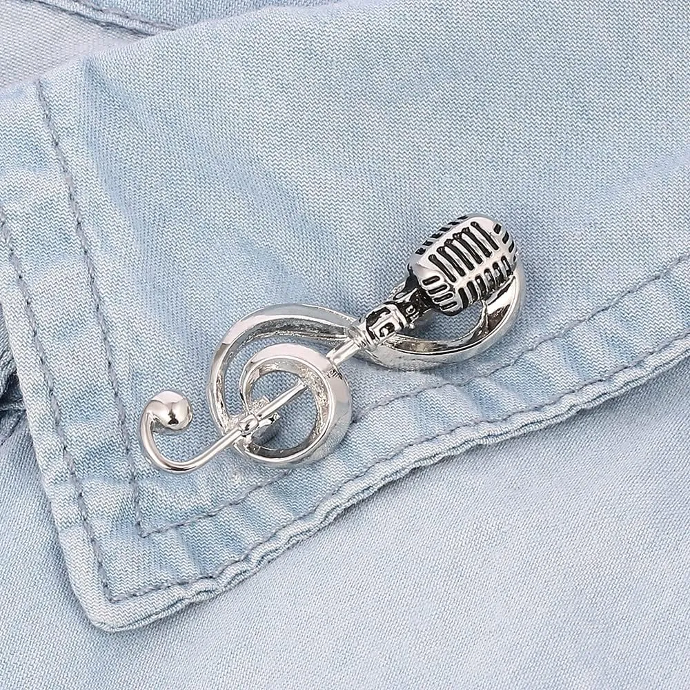Microphone Music Note Brooch Pins Retro Rock Hip Pop Jewelry for Women Men