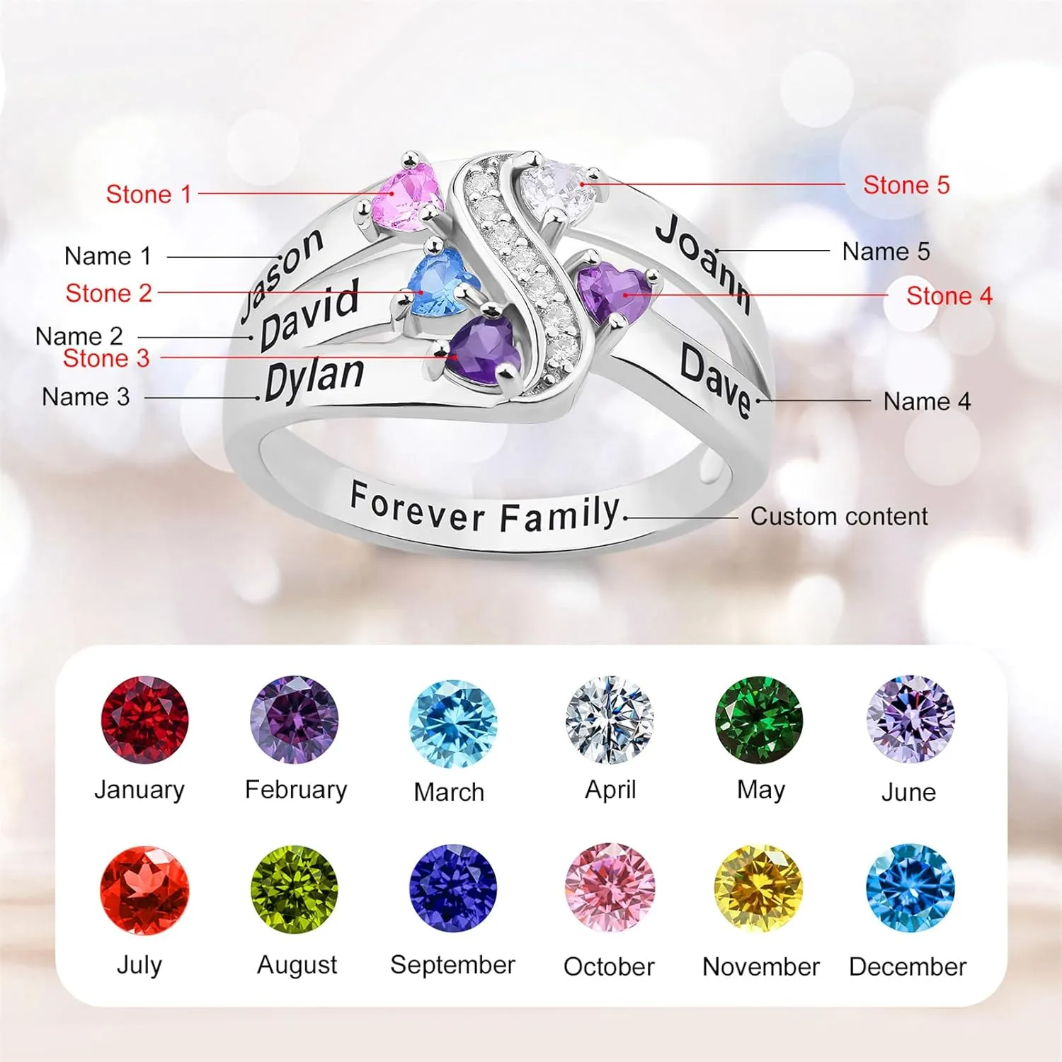 MissNaNa Personalized 2-6 Birthstone Rings 925 Sterling Silver Personalized Grandma Mother Rings Custom Engagement Name Rings for Her Girlfriend Wife