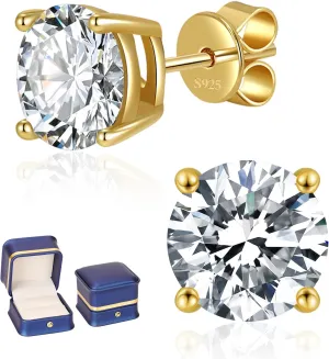 Moissanite Stud Earrings for Women Men, 0.6-6CT D Color Round Cut Four Prong Moissanite Earrings,18K Gold Plated Silver Lab Created Moissanite Earrings