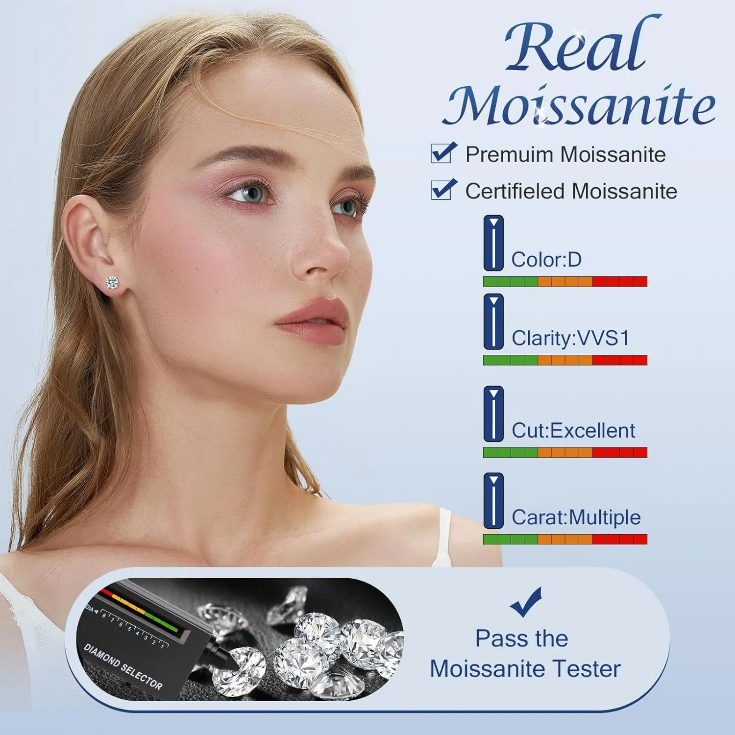 Moissanite Stud Earrings for Women Men, 0.6-6CT D Color Round Cut Four Prong Moissanite Earrings,18K Gold Plated Silver Lab Created Moissanite Earrings