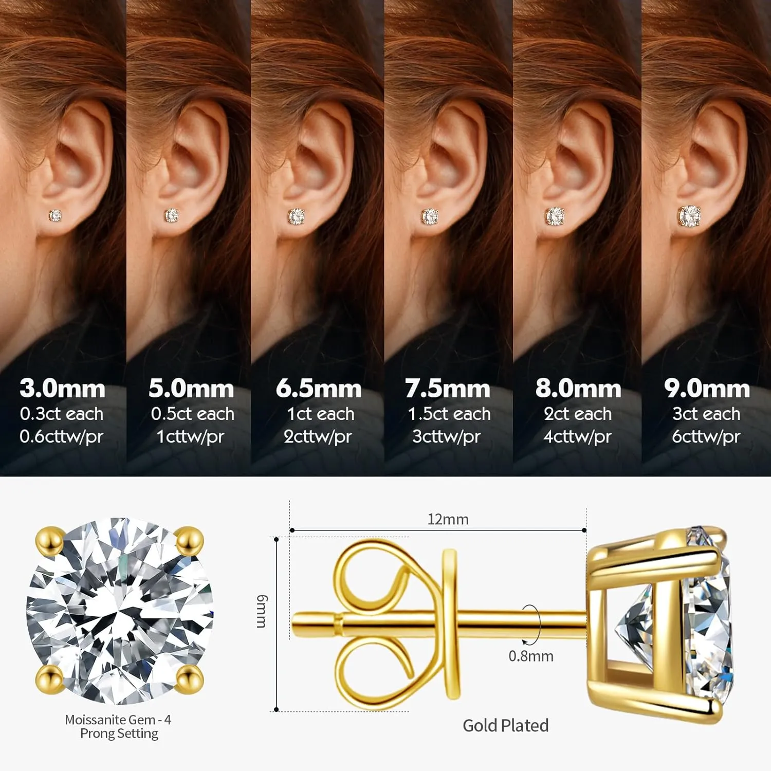 Moissanite Stud Earrings for Women Men, 0.6-6CT D Color Round Cut Four Prong Moissanite Earrings,18K Gold Plated Silver Lab Created Moissanite Earrings