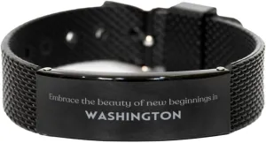 Moving to Washington Gifts, The beauty of new beginnings, Moving Away Washington Friendship Black Shark Mesh Bracelet For Men, Women, Friends, Coworkers