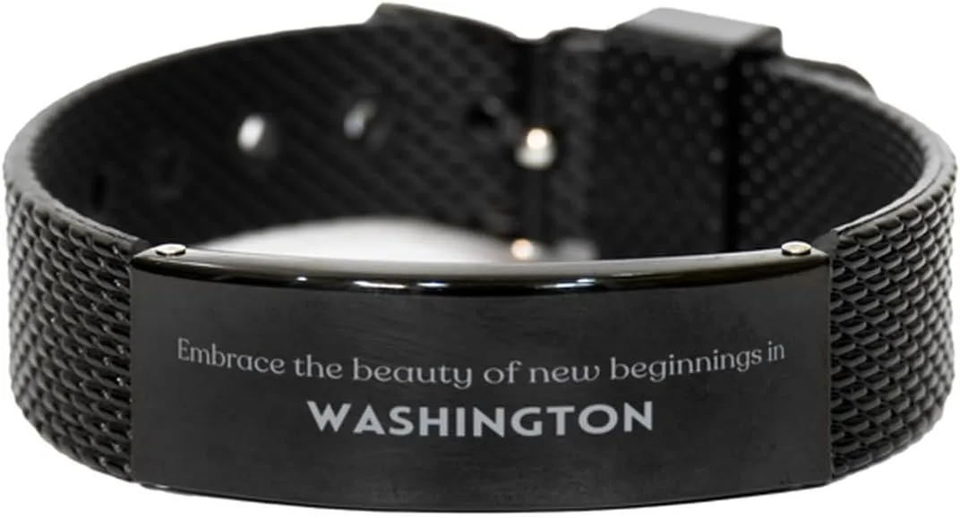 Moving to Washington Gifts, The beauty of new beginnings, Moving Away Washington Friendship Black Shark Mesh Bracelet For Men, Women, Friends, Coworkers