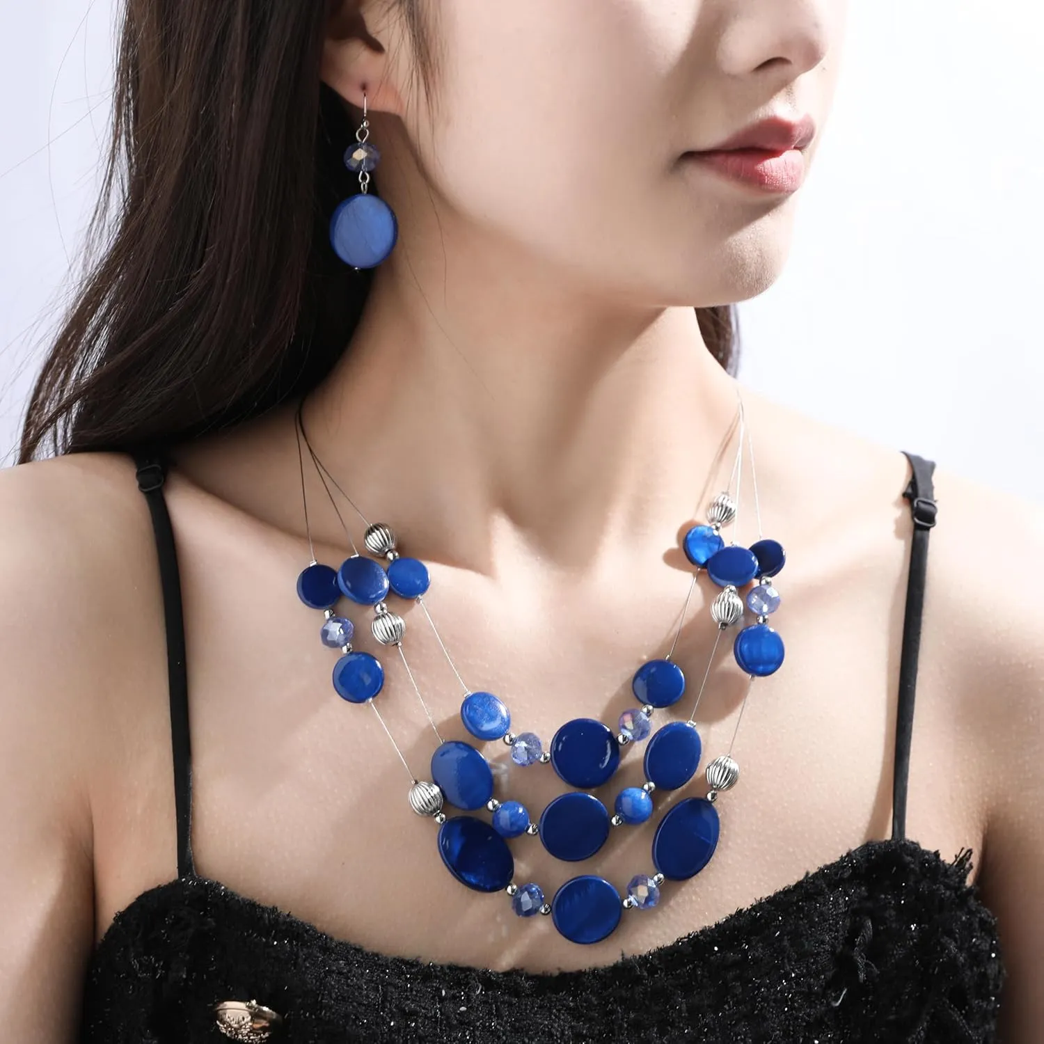 Multi Layered Shell Illusion Necklace Earring Set Colorful Chunky Beads Necklace for Women Gifts