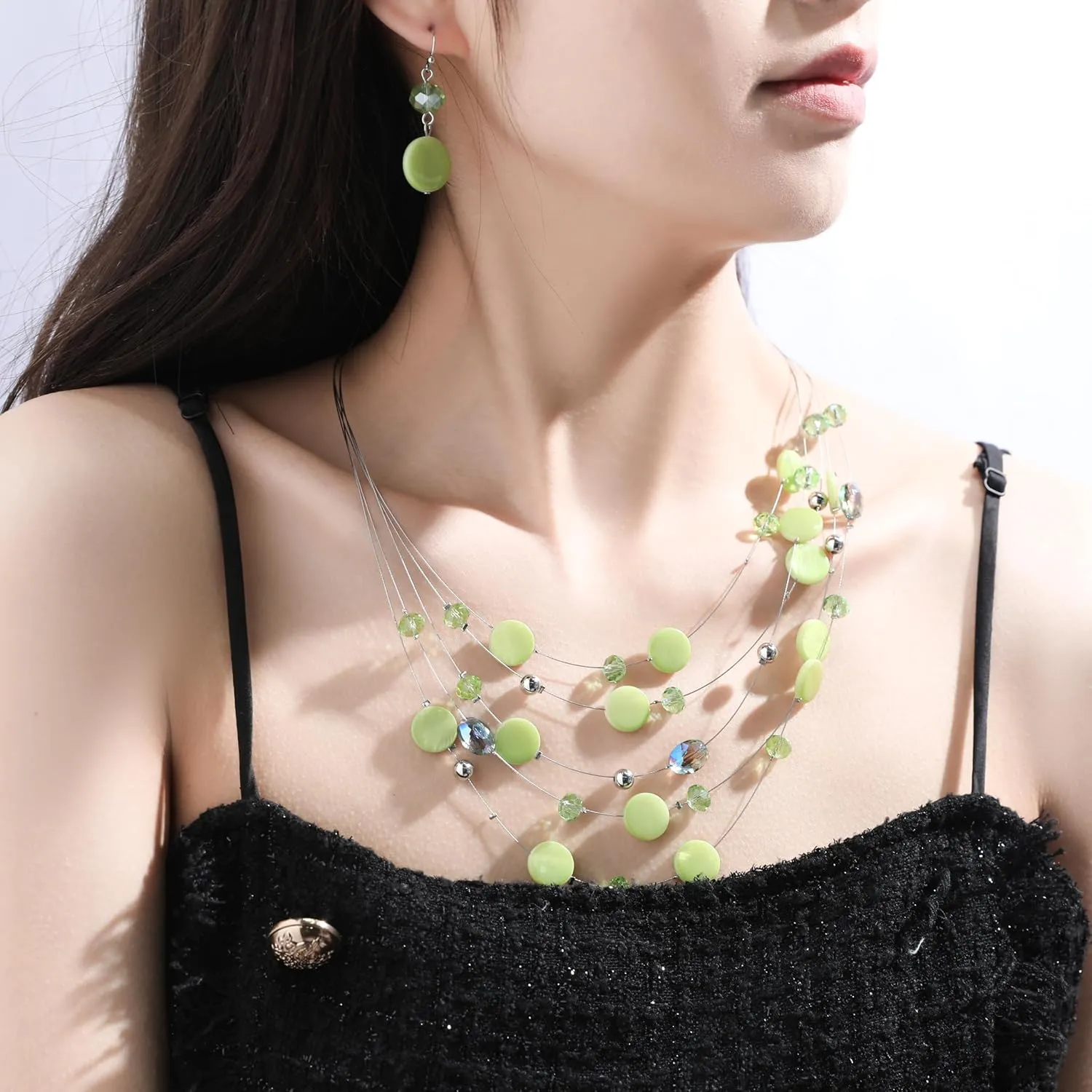 Multi Layered Shell Illusion Necklace Earring Set Colorful Chunky Beads Necklace for Women Gifts