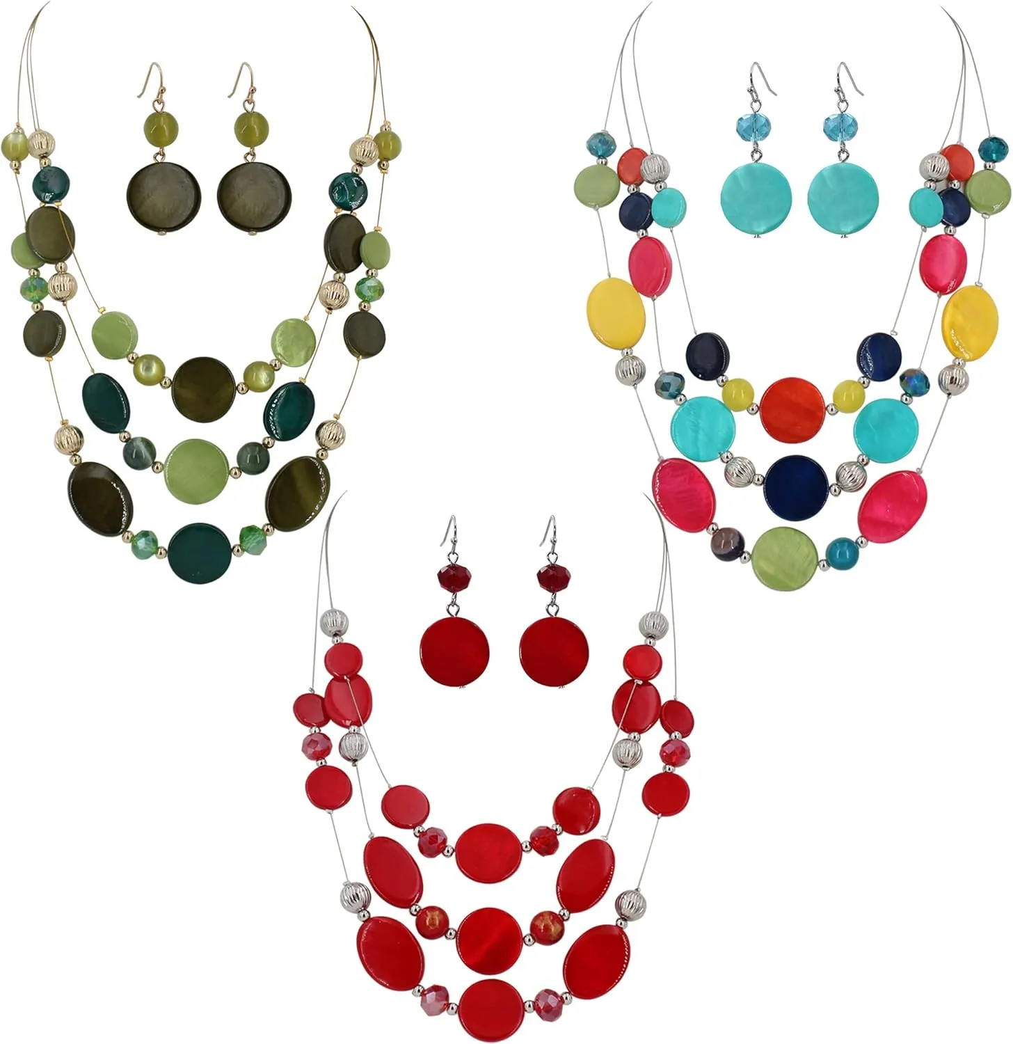 Multi Layered Shell Illusion Necklace Earring Set Colorful Chunky Beads Necklace for Women Gifts