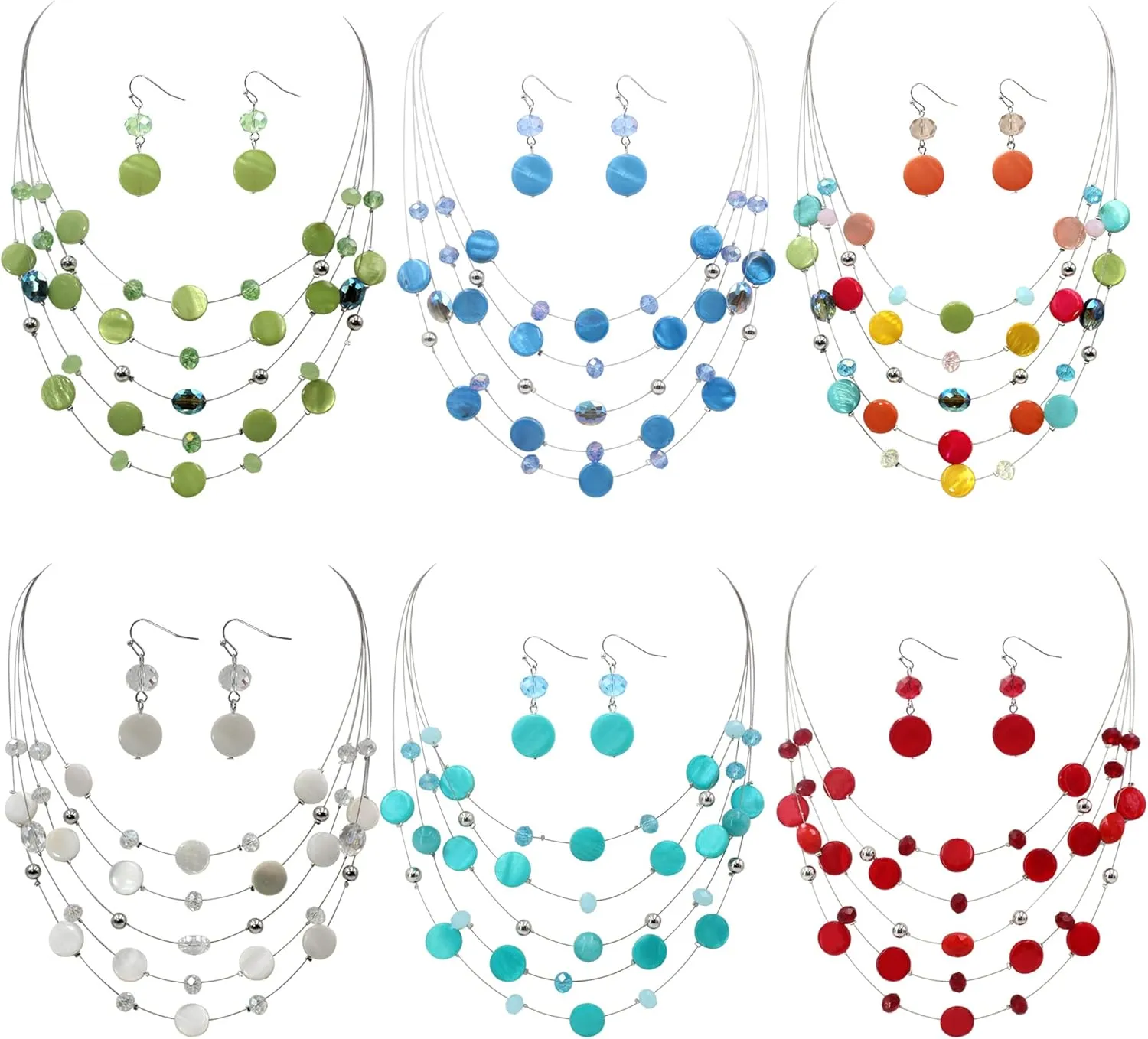 Multi Layered Shell Illusion Necklace Earring Set Colorful Chunky Beads Necklace for Women Gifts