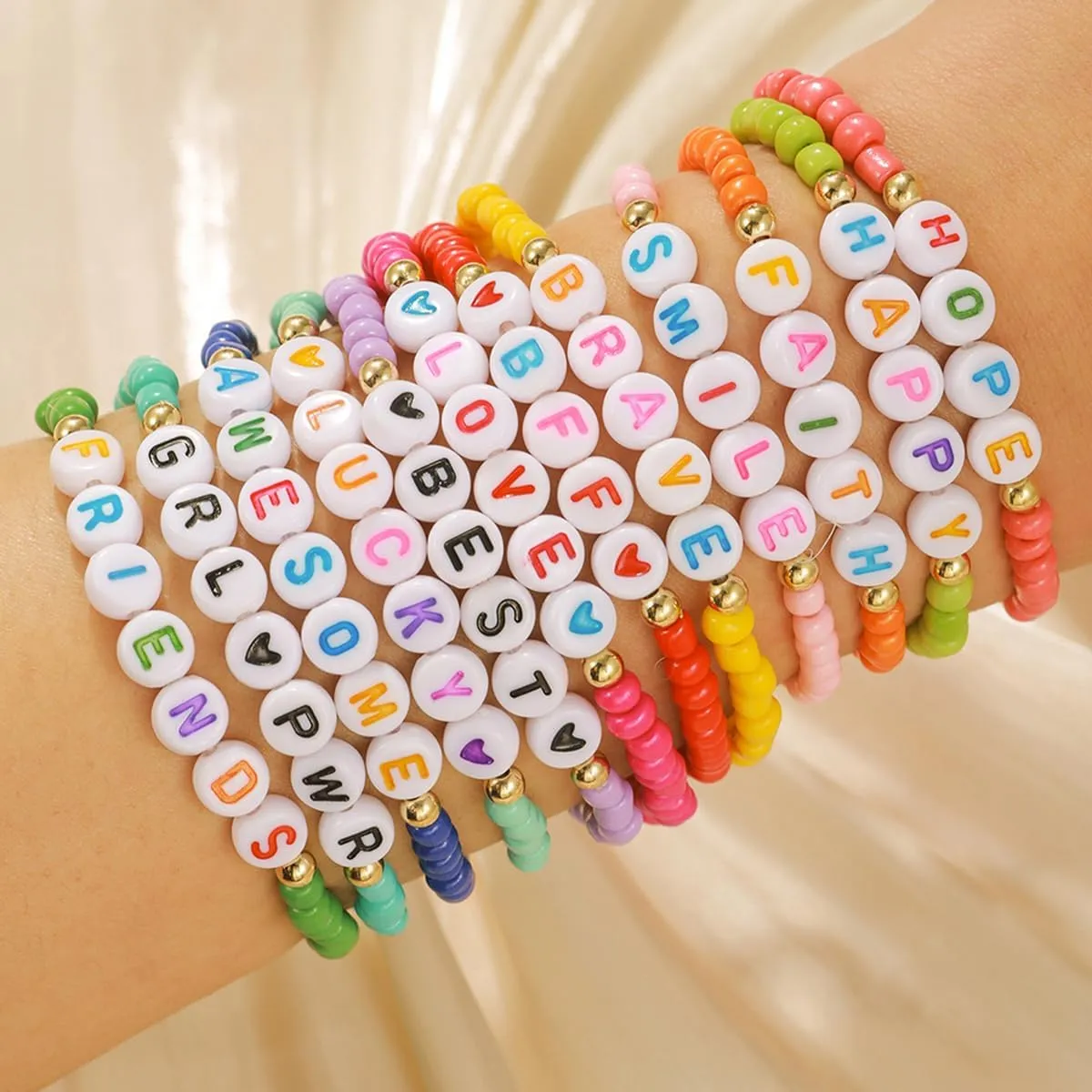 MYANAIL Friendship Bracelet 12Pcs English Letter Rice Bead Bracelet Set Boho Style Bracelet Bangle for Women