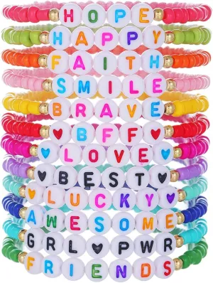 MYANAIL Friendship Bracelet 12Pcs English Letter Rice Bead Bracelet Set Boho Style Bracelet Bangle for Women