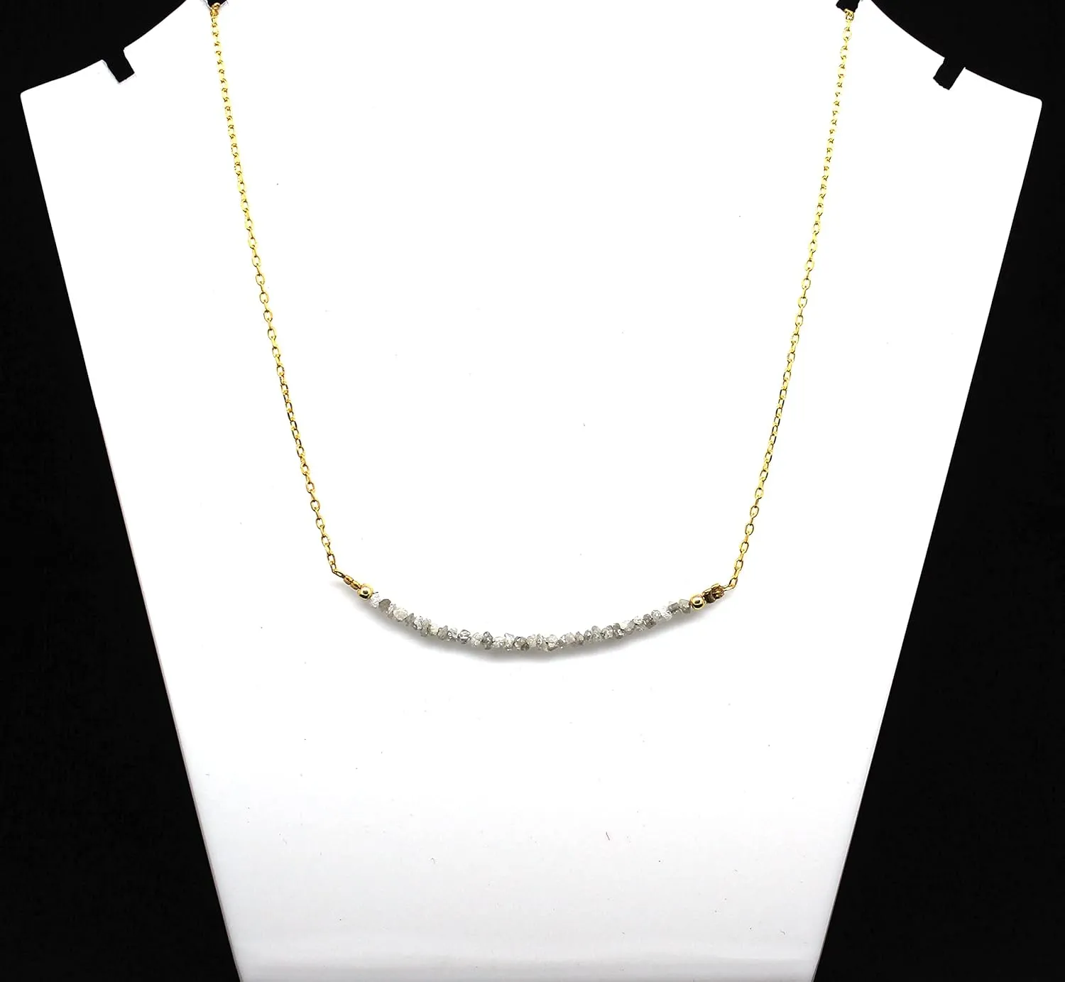 Natural White Diamond Chips Bar Necklace, Handmade Jewelry, 14k Yellow Gold Plated 16   2 Inch 925 Sterling Silver Adjustable Chain (white-diamond)