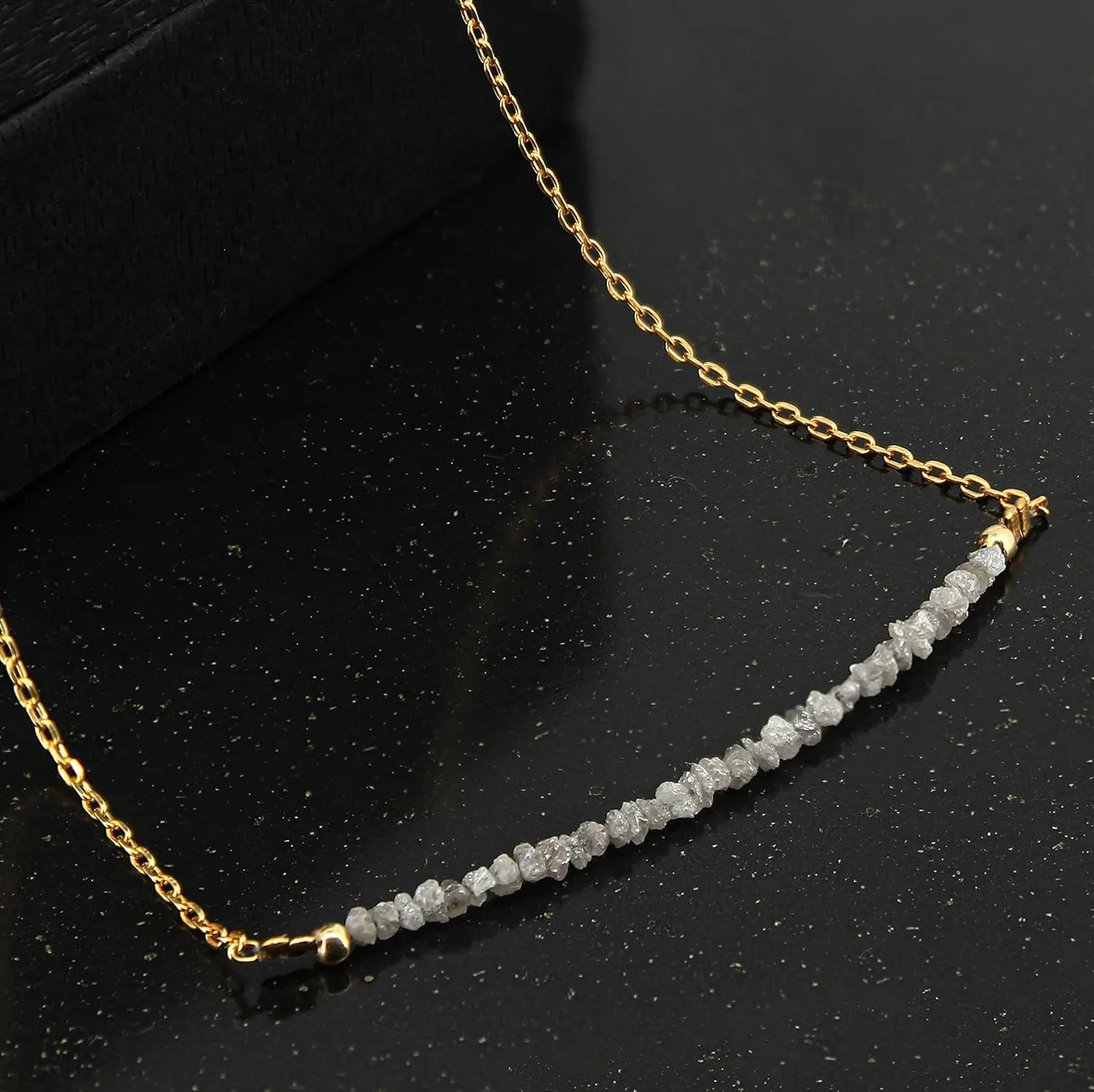 Natural White Diamond Chips Bar Necklace, Handmade Jewelry, 14k Yellow Gold Plated 16   2 Inch 925 Sterling Silver Adjustable Chain (white-diamond)
