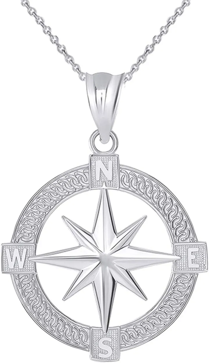 Nautical Jewelry Sterling Silver Round North Star Compass Adventures Pendant Necklace