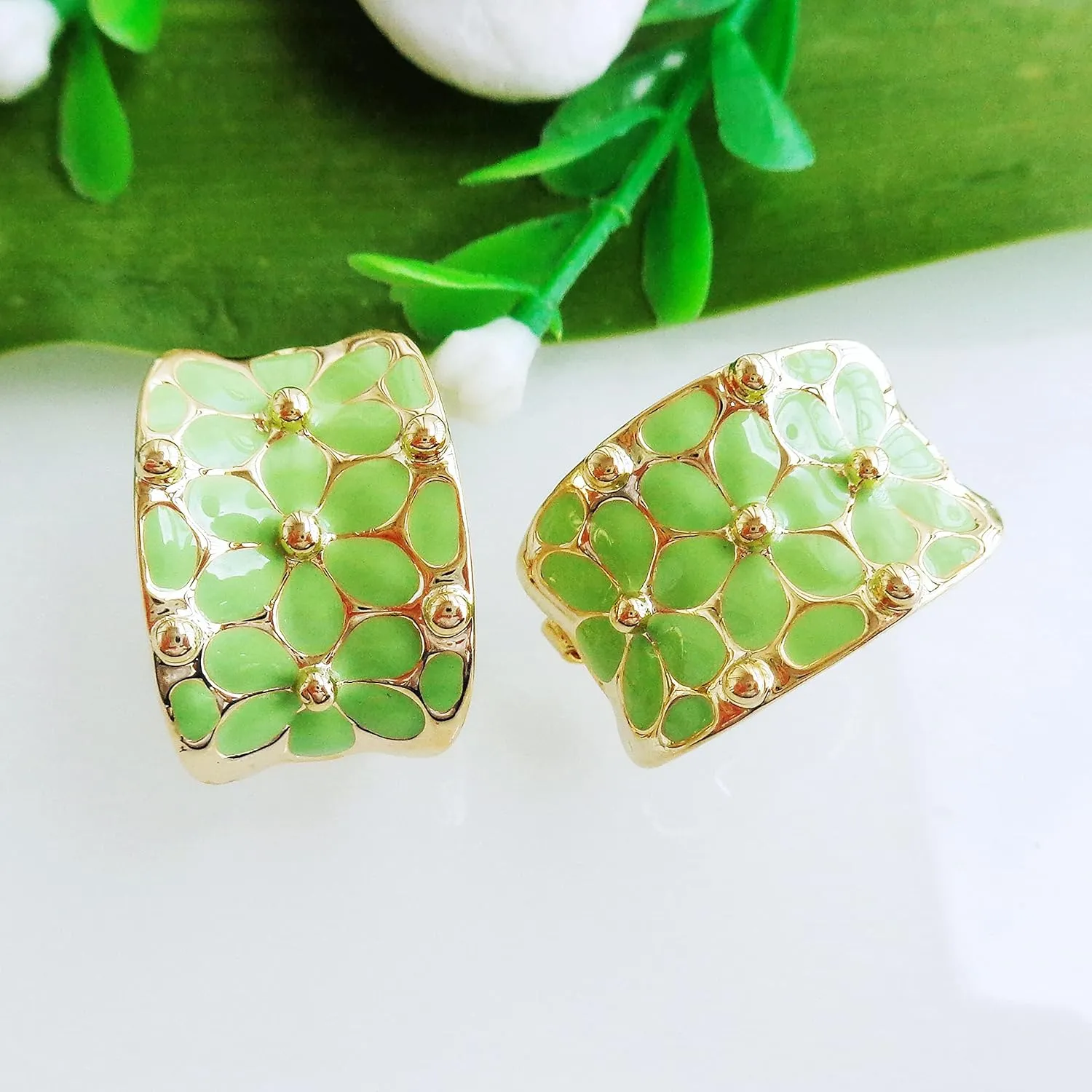 Navachi 18k Gold Plated Square Rainbow Colorful Enamel Leaves Flower Omega Back Earrings