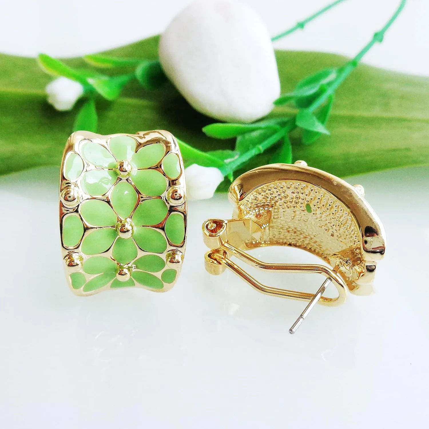 Navachi 18k Gold Plated Square Rainbow Colorful Enamel Leaves Flower Omega Back Earrings