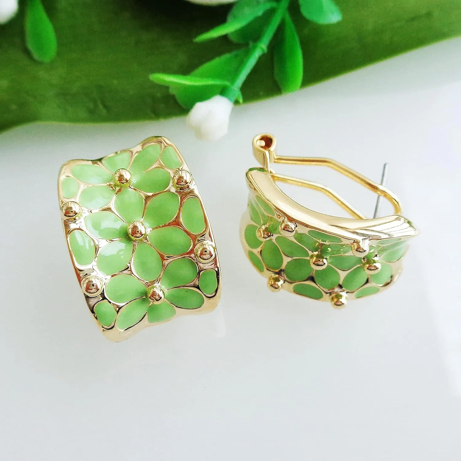 Navachi 18k Gold Plated Square Rainbow Colorful Enamel Leaves Flower Omega Back Earrings