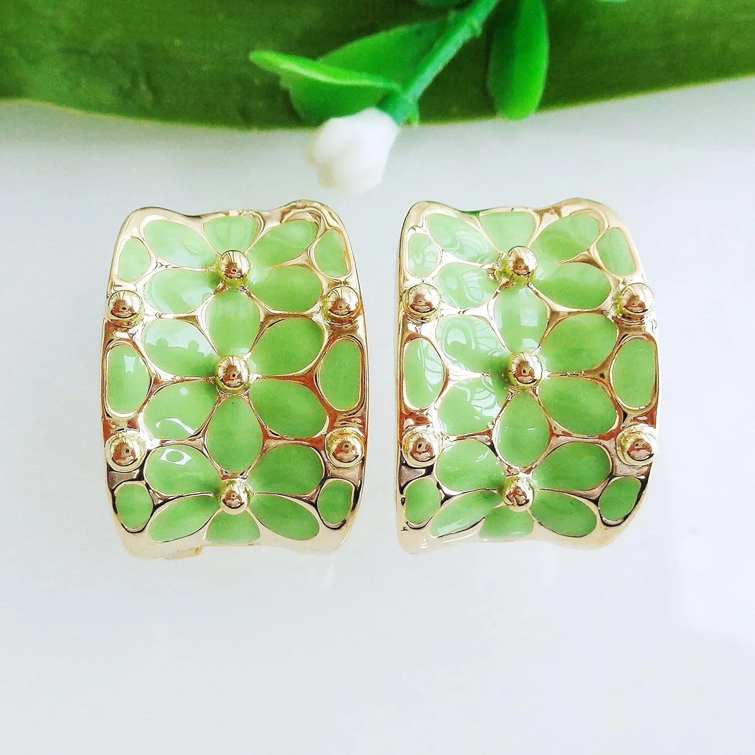 Navachi 18k Gold Plated Square Rainbow Colorful Enamel Leaves Flower Omega Back Earrings