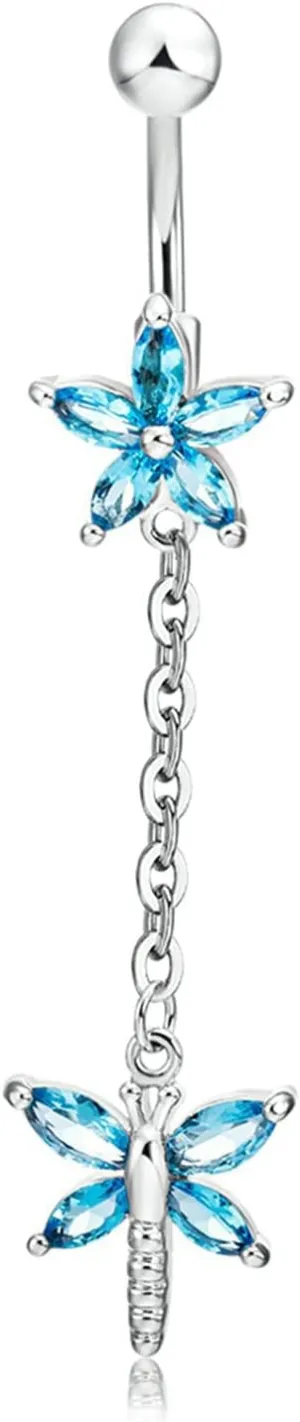 Navel Ring Surgical Stainless Steel, CZ Navel Dangle Rings for Women Flower And Butterfly Silver Navel Rings