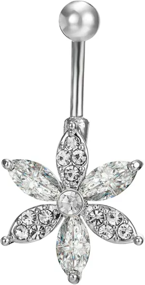 Navel Ring Surgical Stainless Steel, CZ Navel Rings for Women Long Bar Flower Silver Navel Rings