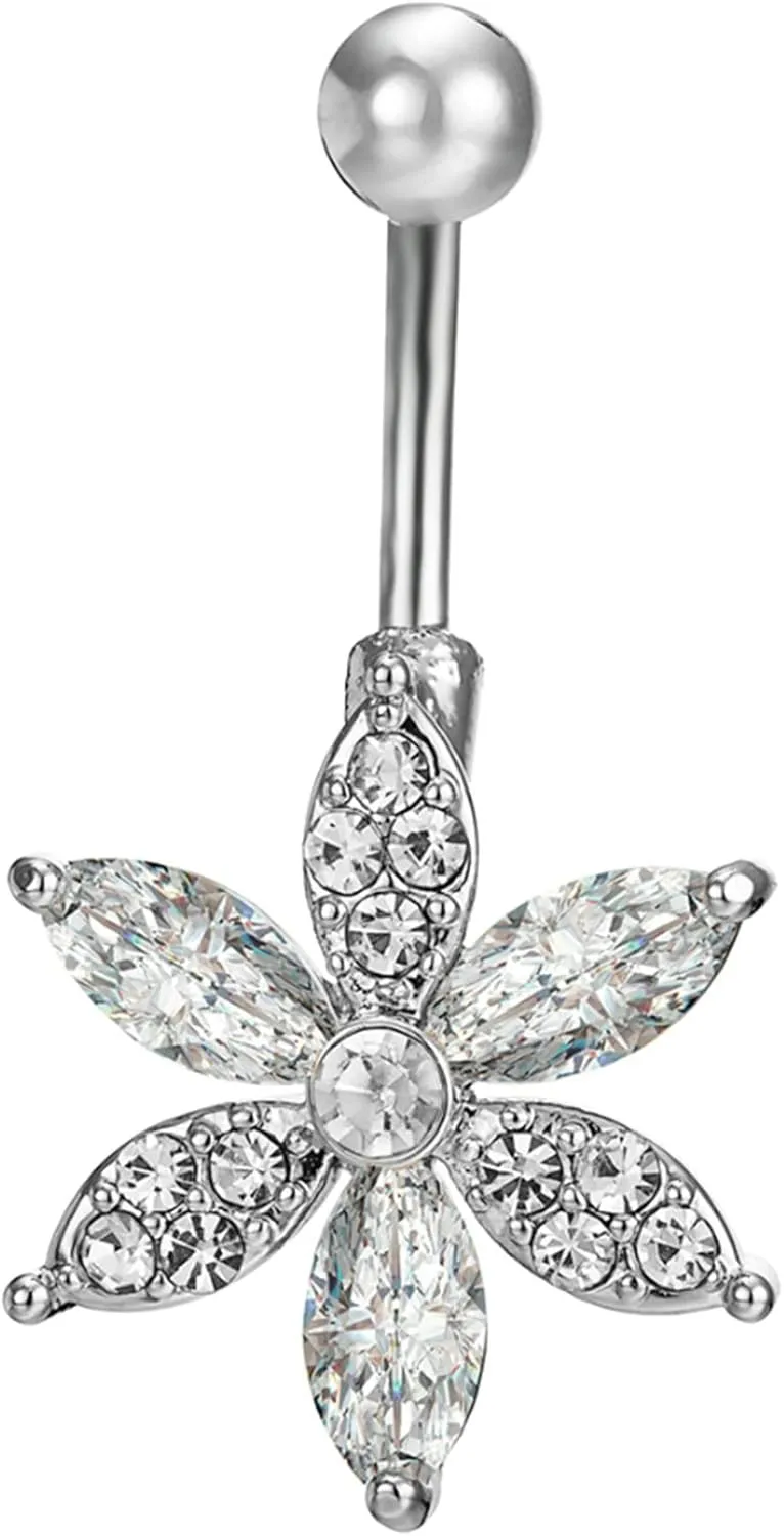 Navel Ring Surgical Stainless Steel, CZ Navel Rings for Women Long Bar Flower Silver Navel Rings