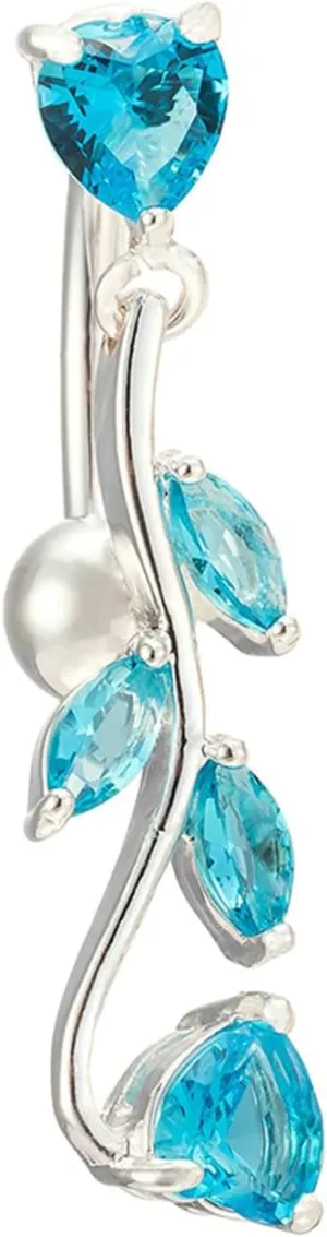 Navel Rings Stainless Steel, Crystal Dangle Navel Rings for Women Leaves Silver Navel Piercing