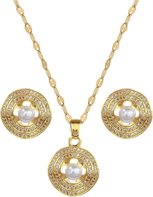 Necklace and Earring Sets for Women 14K Gold Plated Dainty Pearl Geometric Heart Rose Flower Rhinestone Charms Choker Earrings Statement Bridal Wedding Jewelry Set