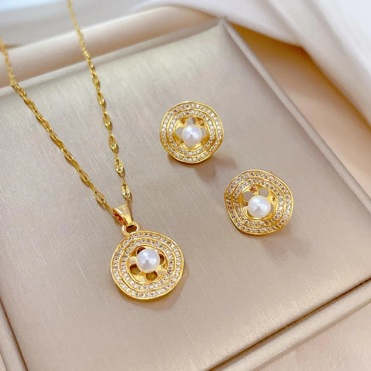 Necklace and Earring Sets for Women 14K Gold Plated Dainty Pearl Geometric Heart Rose Flower Rhinestone Charms Choker Earrings Statement Bridal Wedding Jewelry Set