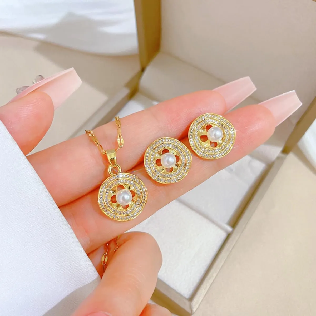 Necklace and Earring Sets for Women 14K Gold Plated Dainty Pearl Geometric Heart Rose Flower Rhinestone Charms Choker Earrings Statement Bridal Wedding Jewelry Set