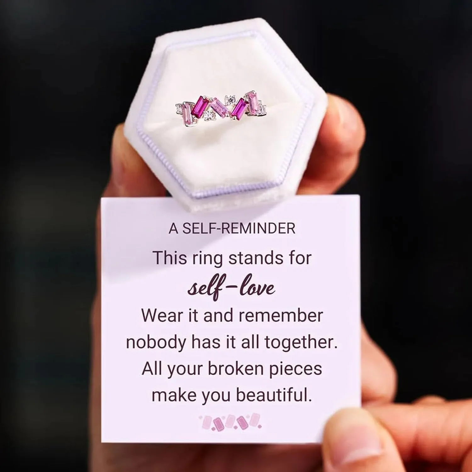 Nobody Has It All Together Pink Band Ring, S925 Plated with 18K White Gold Irregular Pink Self Love Ring All Your Broken Pieces Make You Beautiful Embrace your imperfections Pink Jewelry Gift for women