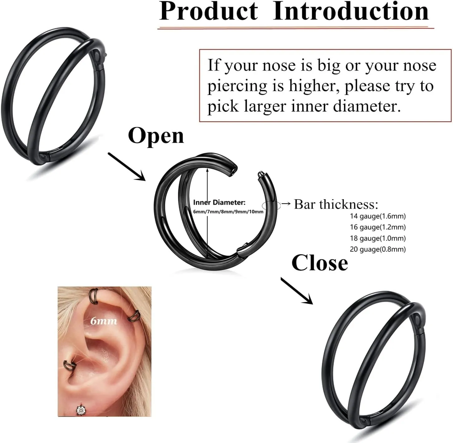 Nose Rings Hoops - 316L Surgical Steel Double Hoop Nose Rings 14G/16G/18G/20G Hinged CZ Conch Piercing Jewelry Septum Lip Rings Cartilage Earring Helix Rook Tragus Daith 6mm/8mm/10mm/12mm