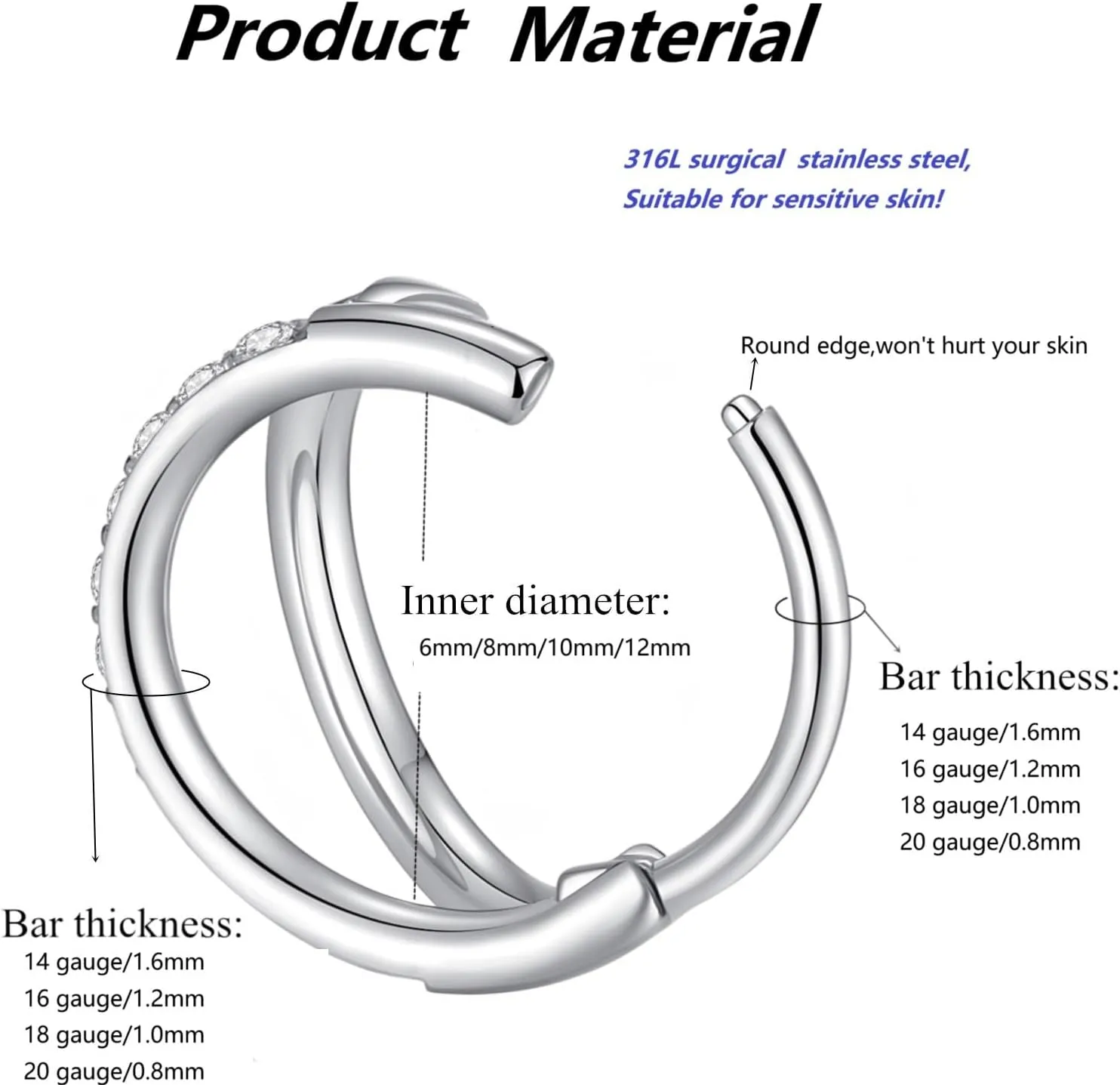 Nose Rings Hoops - 316L Surgical Steel Double Hoop Nose Rings 14G/16G/18G/20G Hinged CZ Conch Piercing Jewelry Septum Lip Rings Cartilage Earring Helix Rook Tragus Daith 6mm/8mm/10mm/12mm