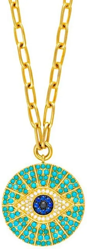 Obidos 14k Gold Plated Evil Eye Pendant Necklace for Women 18-20Inch,Round Circle Disk Minimalist Jewelry