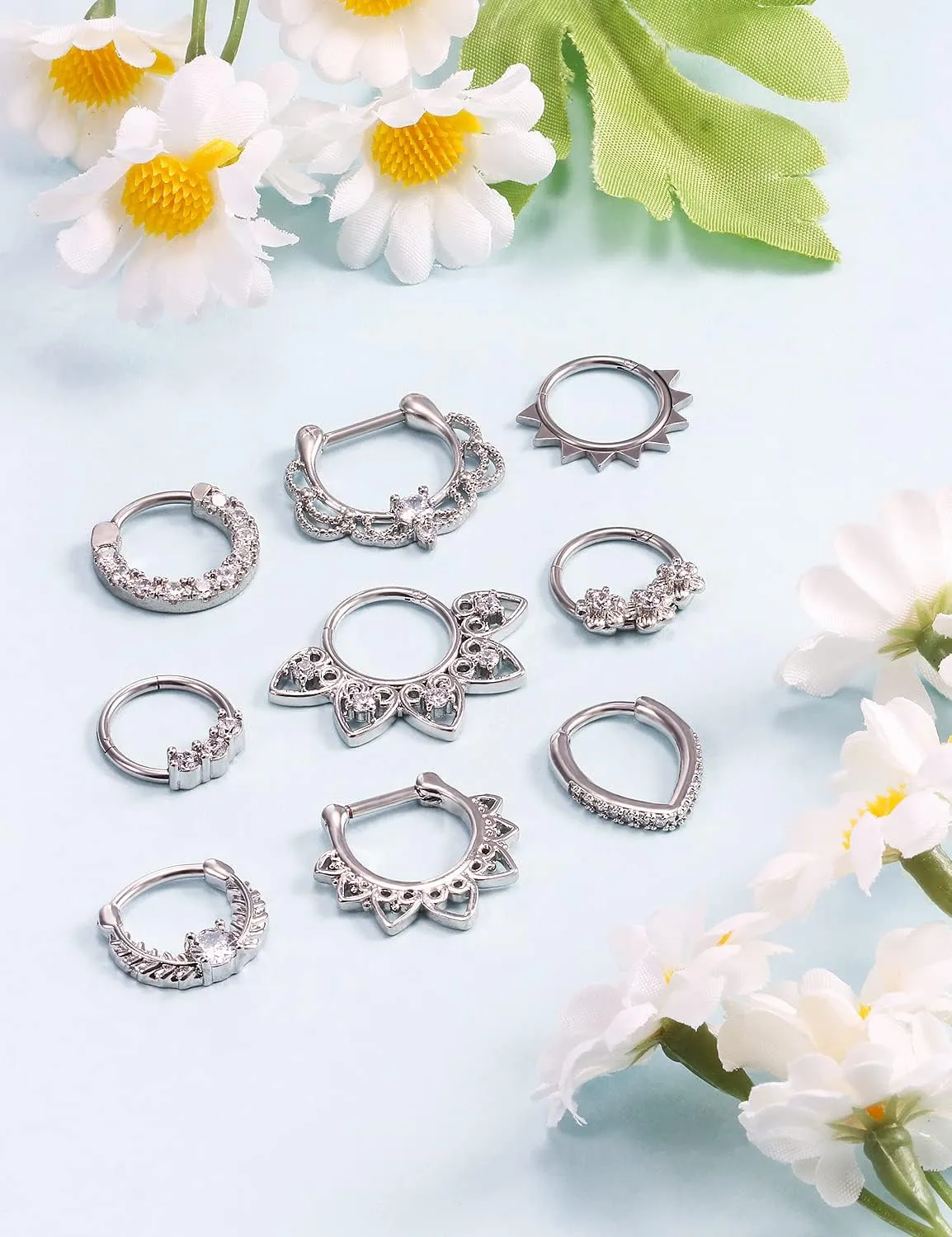 Ocptiy 16G Hinged Septum Clicker 316L Surgical Steel Septum Nose Rings Earrings Hoops Piercing Jewelry for Men Women 10mm 9pcs