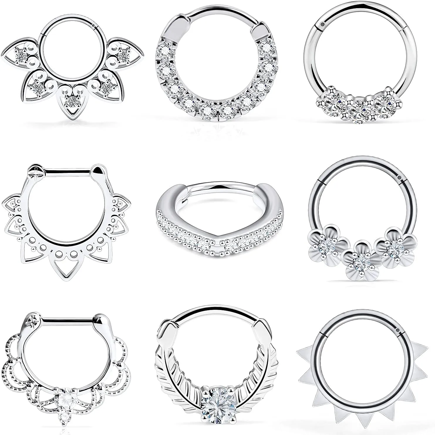 Ocptiy 16G Hinged Septum Clicker 316L Surgical Steel Septum Nose Rings Earrings Hoops Piercing Jewelry for Men Women 10mm 9pcs