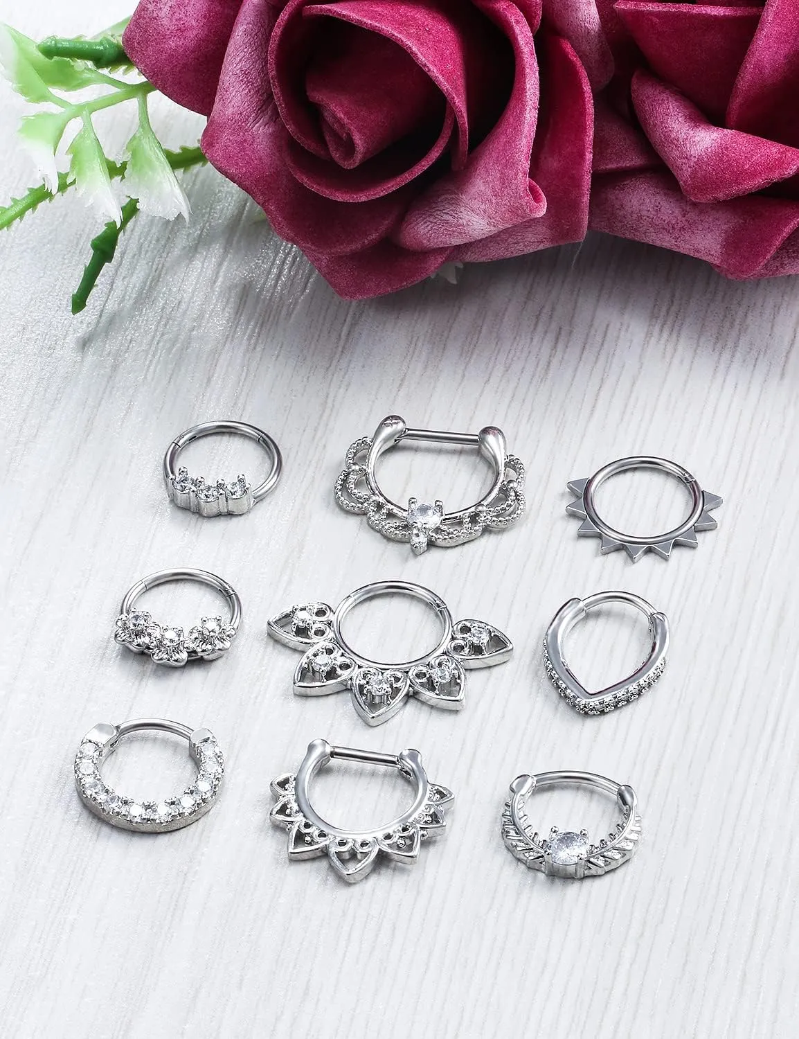 Ocptiy 16G Hinged Septum Clicker 316L Surgical Steel Septum Nose Rings Earrings Hoops Piercing Jewelry for Men Women 10mm 9pcs