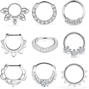 Ocptiy 16G Hinged Septum Clicker 316L Surgical Steel Septum Nose Rings Earrings Hoops Piercing Jewelry for Men Women 10mm 9pcs