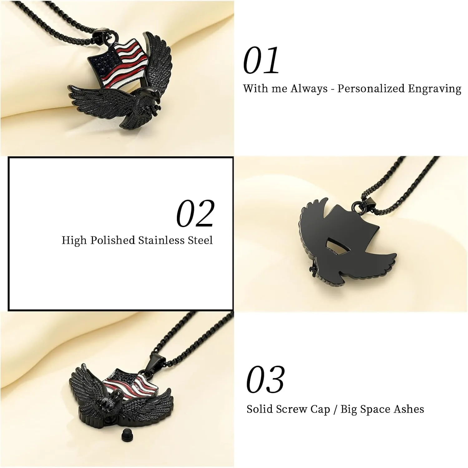 Oinsi Cremation Jewelry For Ashes For Men The Stars and the Stripes With Eagle Memorial Urn Necklace Keepsake Pendant