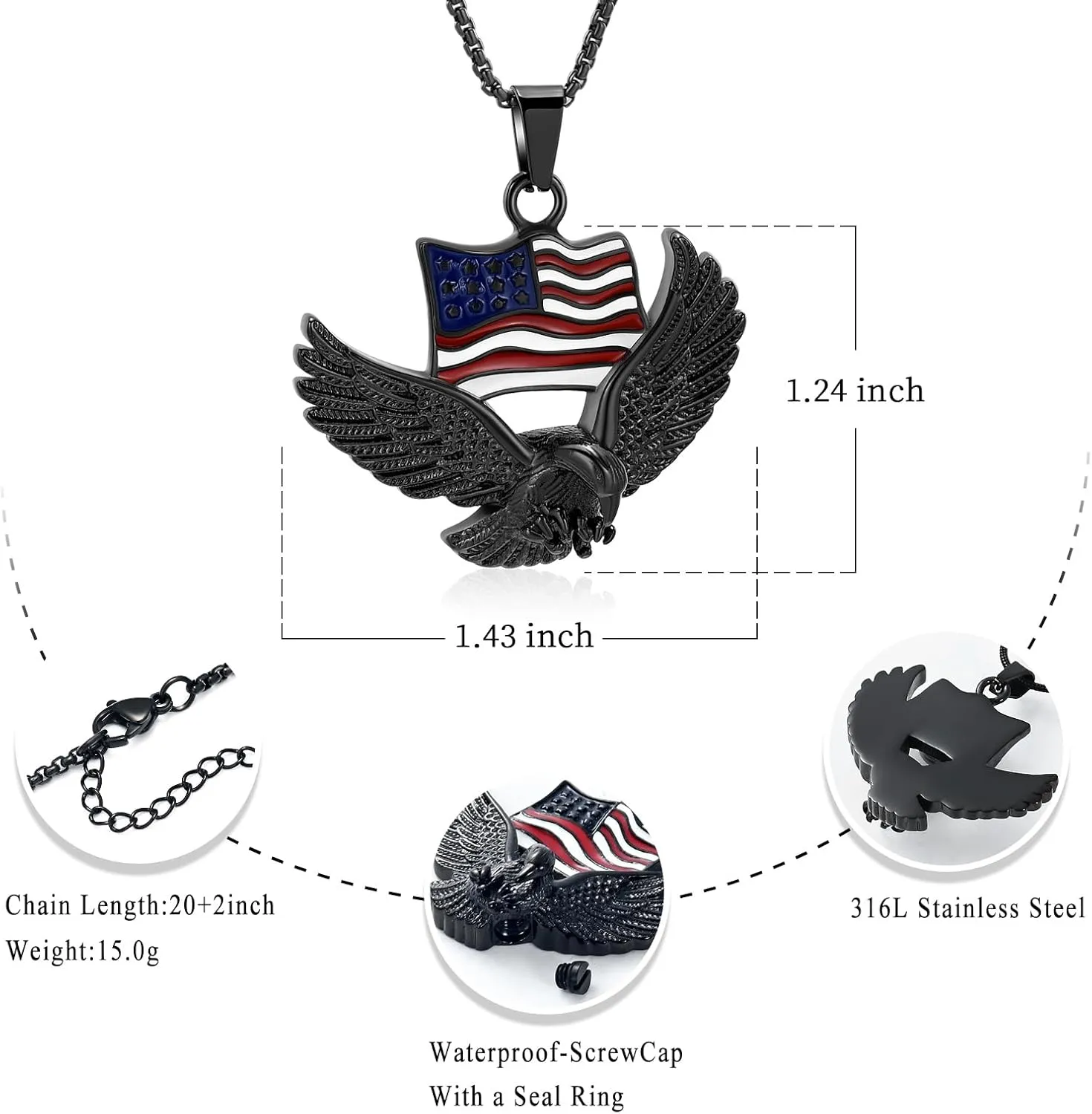 Oinsi Cremation Jewelry For Ashes For Men The Stars and the Stripes With Eagle Memorial Urn Necklace Keepsake Pendant