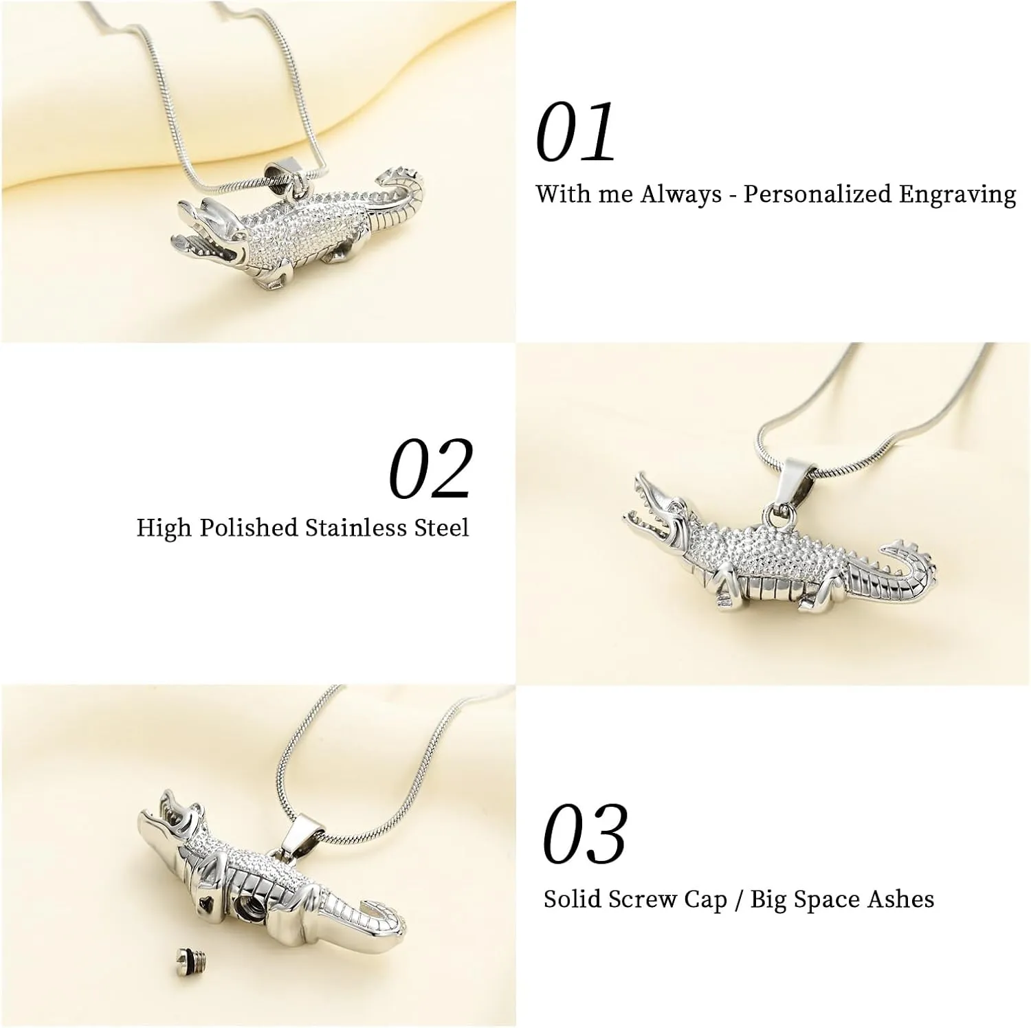 Oinsi Crocodile Cremation Jewelry For Ashes For Pet Stainless Steel Aligator Memorial Urn pendant Necklace For Men Keepsake Jewelry Gifts