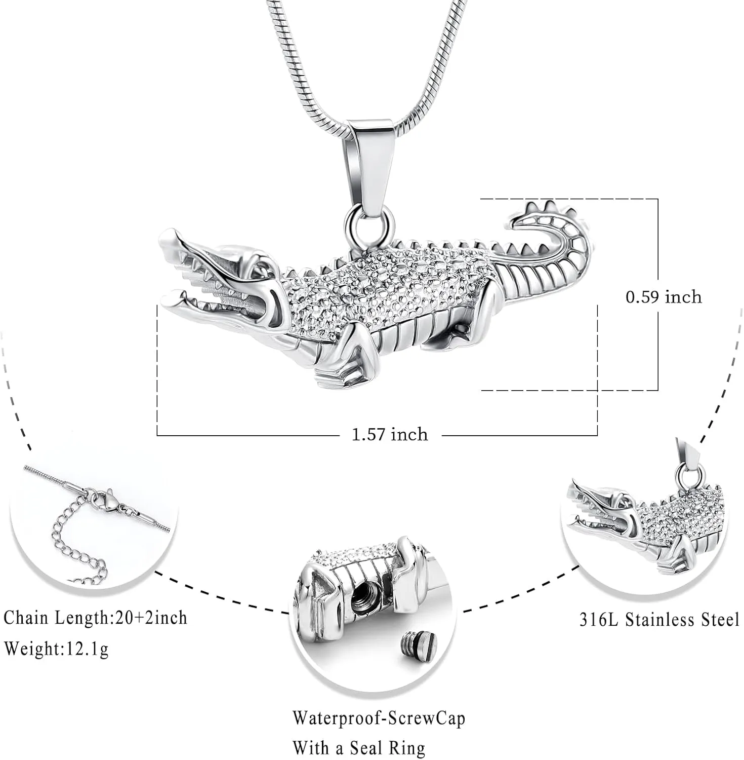 Oinsi Crocodile Cremation Jewelry For Ashes For Pet Stainless Steel Aligator Memorial Urn pendant Necklace For Men Keepsake Jewelry Gifts