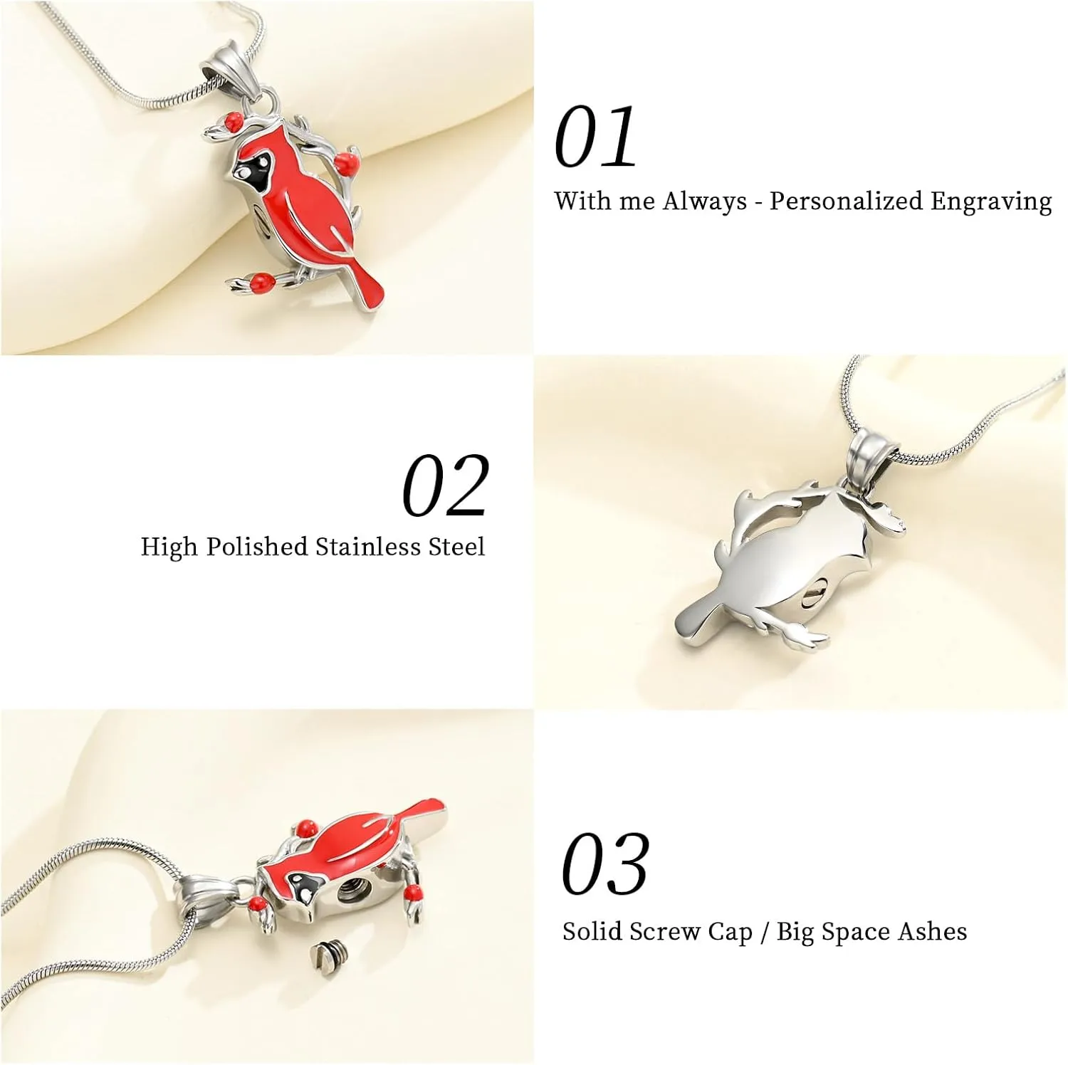 Oinsi Stainless Steel Cardinal Urn Necklace for Ashes - Red/Blue Bird Cremation Keepsake Memorial Pendant Jewelry for Women