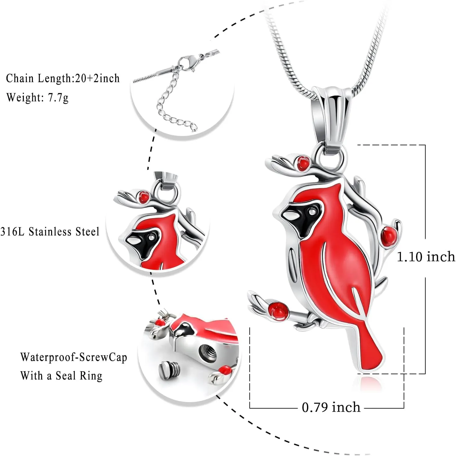 Oinsi Stainless Steel Cardinal Urn Necklace for Ashes - Red/Blue Bird Cremation Keepsake Memorial Pendant Jewelry for Women